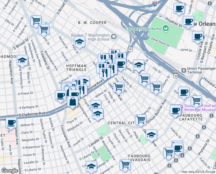 map of restaurants, bars, coffee shops, grocery stores, and more near in New Orleans