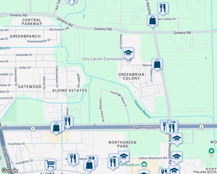 map of restaurants, bars, coffee shops, grocery stores, and more near 15402 Vantage Parkway East in Houston