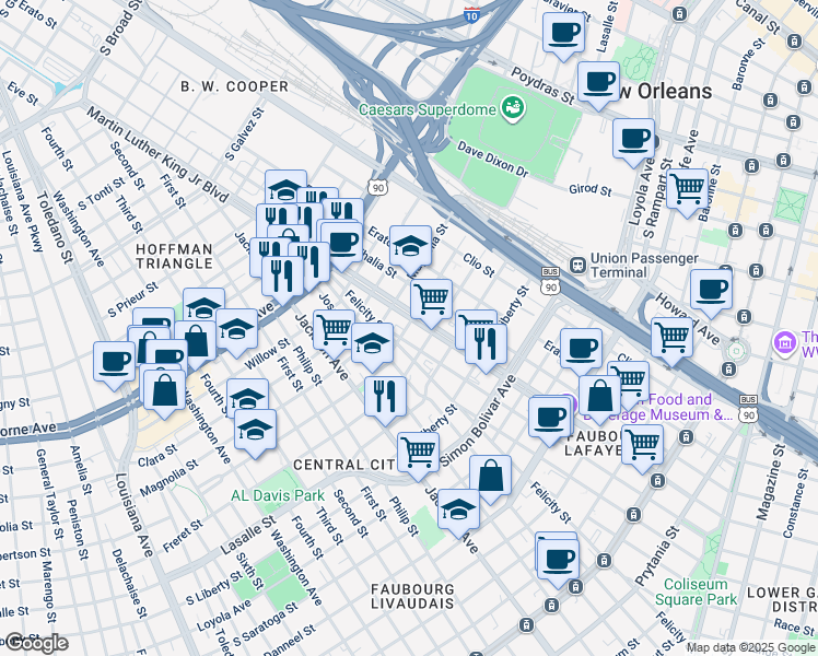 map of restaurants, bars, coffee shops, grocery stores, and more near 2604 Martin Luther King Junior Boulevard in New Orleans