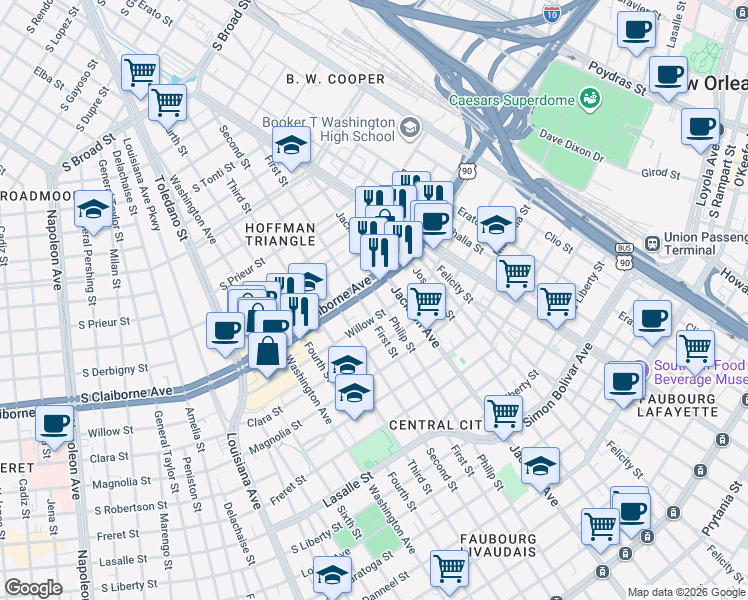 map of restaurants, bars, coffee shops, grocery stores, and more near in New Orleans