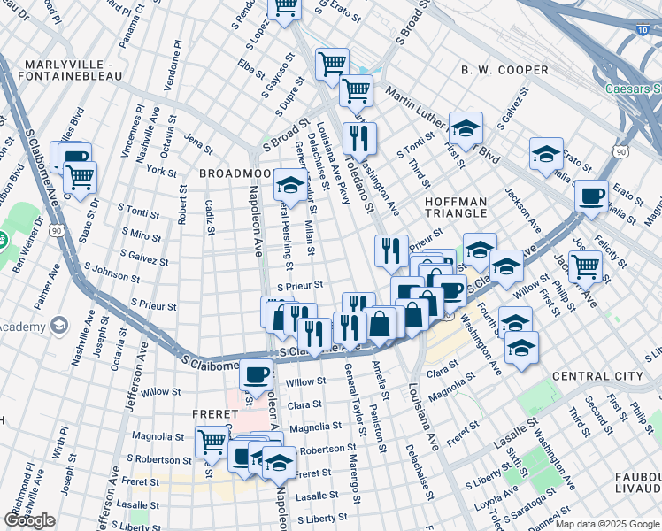 map of restaurants, bars, coffee shops, grocery stores, and more near 3719 South Johnson Street in New Orleans