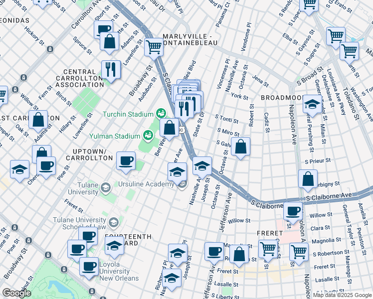 map of restaurants, bars, coffee shops, grocery stores, and more near 2926 Palmer Avenue in New Orleans
