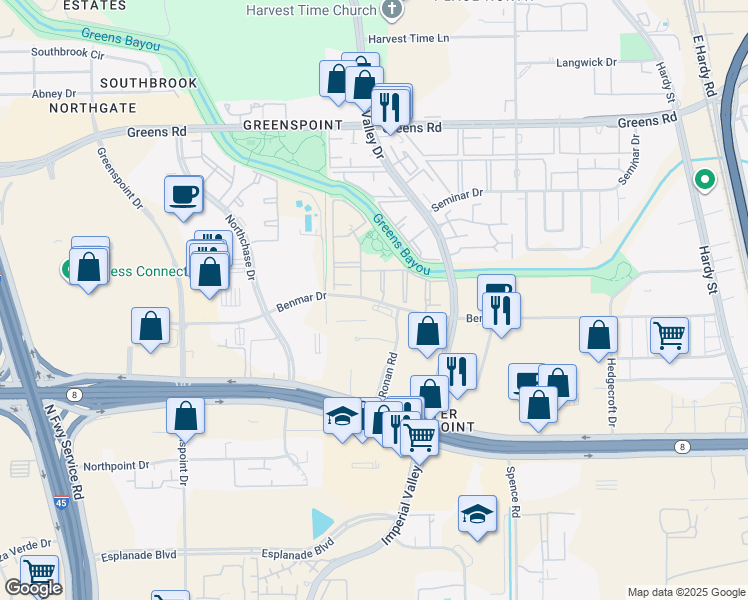 map of restaurants, bars, coffee shops, grocery stores, and more near in Houston