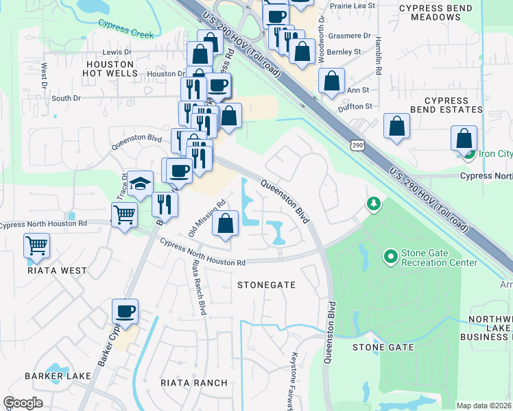 map of restaurants, bars, coffee shops, grocery stores, and more near 16611 Island Shore Court in Houston