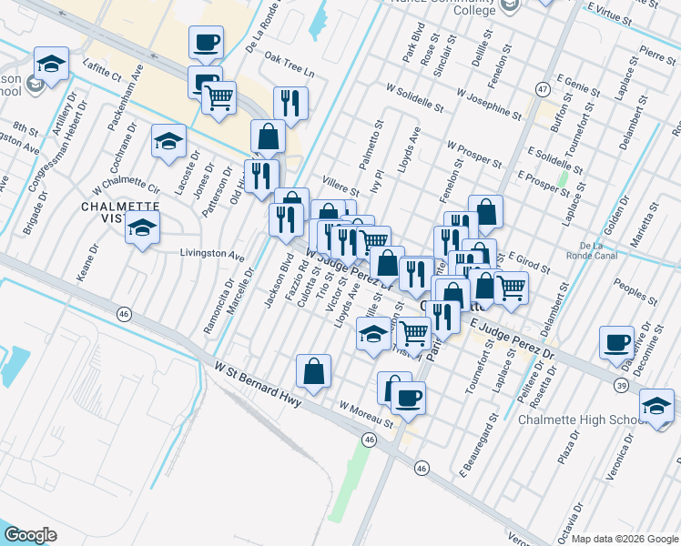 map of restaurants, bars, coffee shops, grocery stores, and more near 700 West Judge Perez Drive in Chalmette