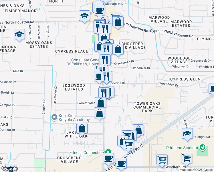 map of restaurants, bars, coffee shops, grocery stores, and more near 11650 Jones Road in Houston