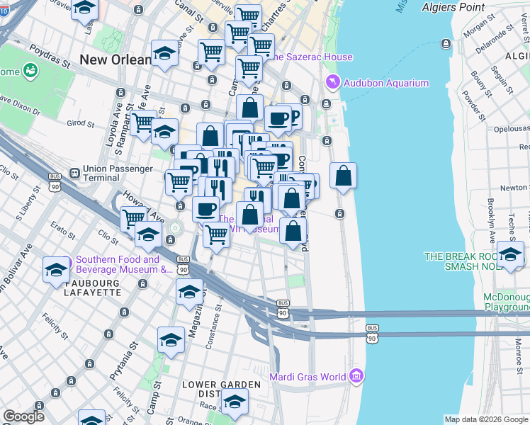 map of restaurants, bars, coffee shops, grocery stores, and more near 800 Tchoupitoulas Street in New Orleans