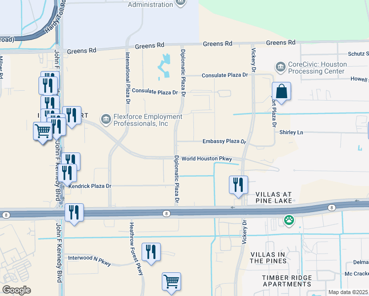 map of restaurants, bars, coffee shops, grocery stores, and more near 4721 World Houston Parkway in Houston
