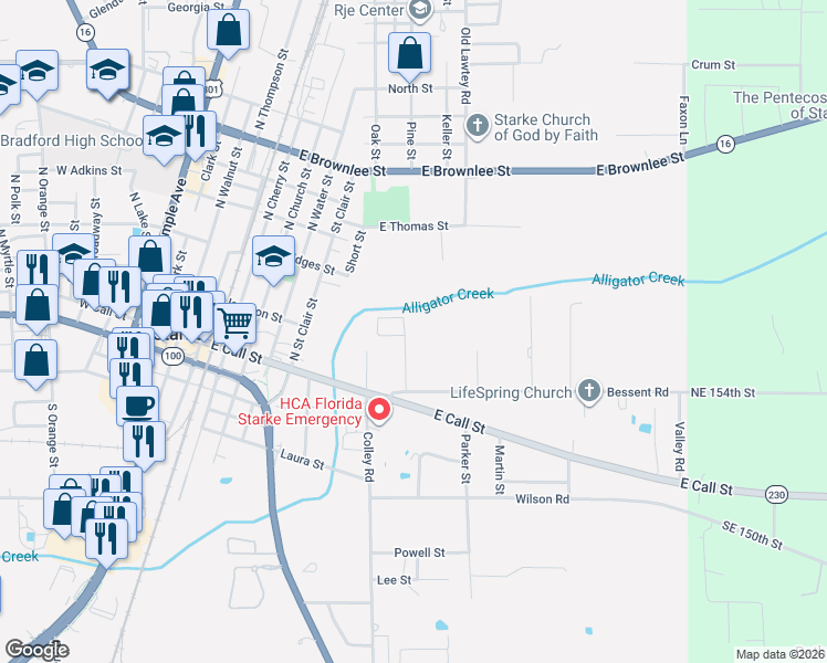 map of restaurants, bars, coffee shops, grocery stores, and more near 234 Bradford Drive in Starke