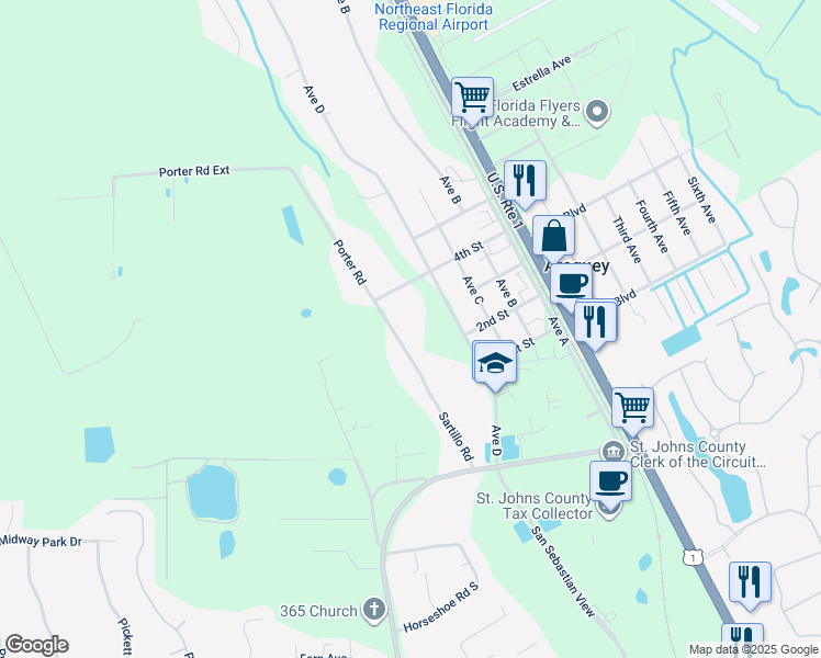 map of restaurants, bars, coffee shops, grocery stores, and more near 4637 Avenue D in St. Augustine