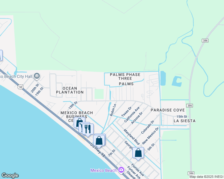 map of restaurants, bars, coffee shops, grocery stores, and more near Sun and Sand Rd in Mexico Beach