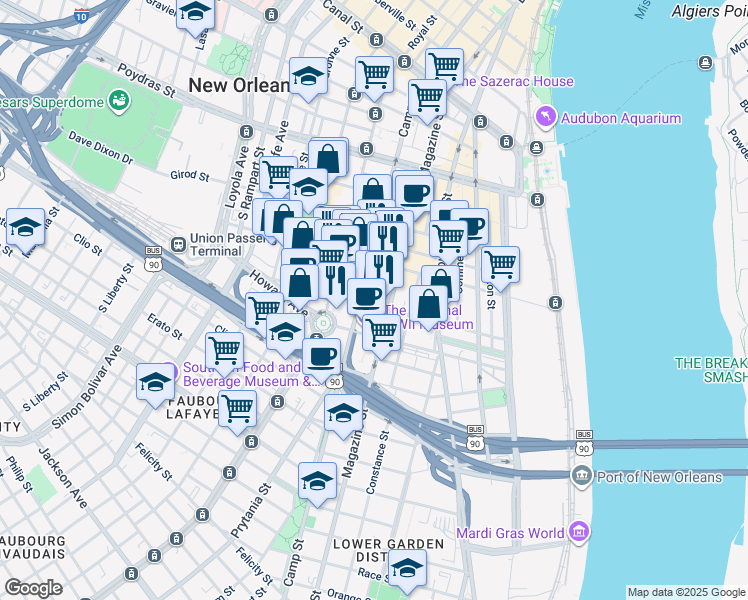 map of restaurants, bars, coffee shops, grocery stores, and more near 852 Camp Street in New Orleans