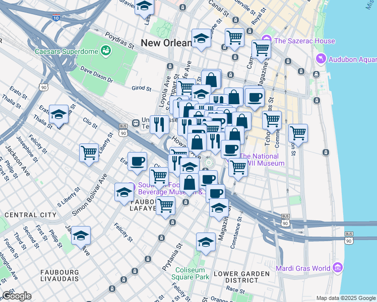 map of restaurants, bars, coffee shops, grocery stores, and more near 800 Saint Joseph Street in New Orleans