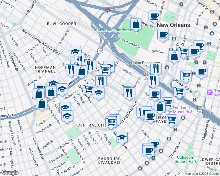 map of restaurants, bars, coffee shops, grocery stores, and more near 2604 Martin Luther King Junior Boulevard in New Orleans
