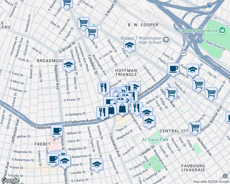 map of restaurants, bars, coffee shops, grocery stores, and more near 3216 Washington Avenue in New Orleans