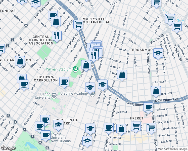 map of restaurants, bars, coffee shops, grocery stores, and more near 2926 Palmer Avenue in New Orleans