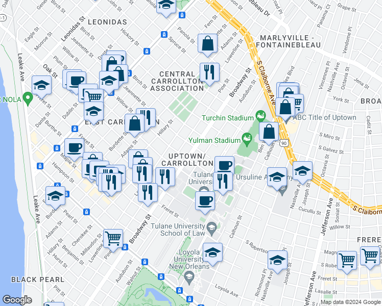 map of restaurants, bars, coffee shops, grocery stores, and more near 1432 Broadway Street in New Orleans