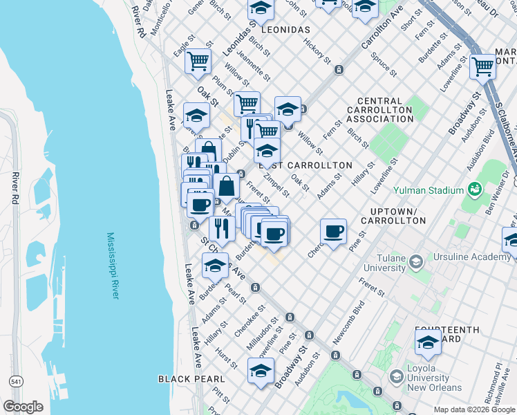 map of restaurants, bars, coffee shops, grocery stores, and more near 7925 Burthe Street in New Orleans