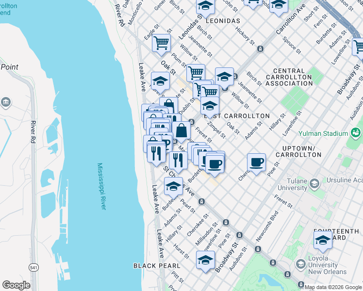 map of restaurants, bars, coffee shops, grocery stores, and more near 817 South Carrollton Avenue in New Orleans