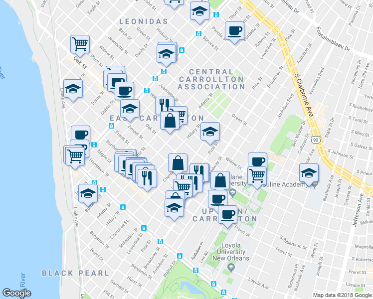 map of restaurants, bars, coffee shops, grocery stores, and more near 7534 Plum Street in New Orleans