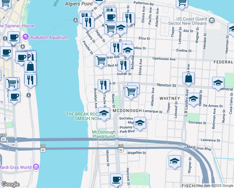 map of restaurants, bars, coffee shops, grocery stores, and more near 519 Diana Street in New Orleans