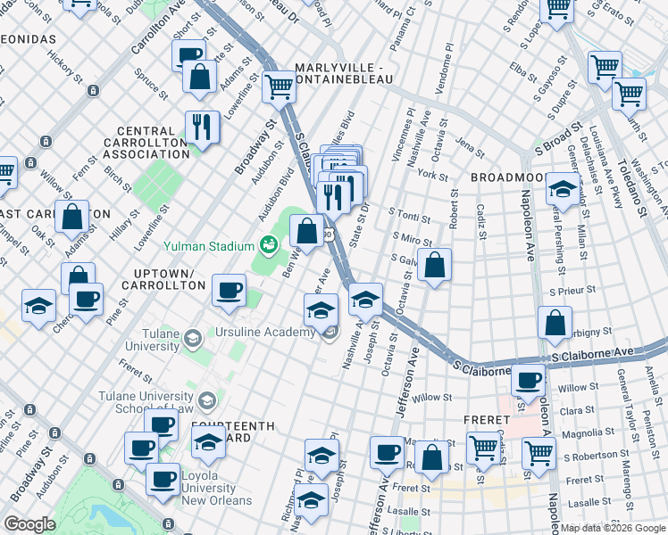 map of restaurants, bars, coffee shops, grocery stores, and more near 2926 Palmer Avenue in New Orleans