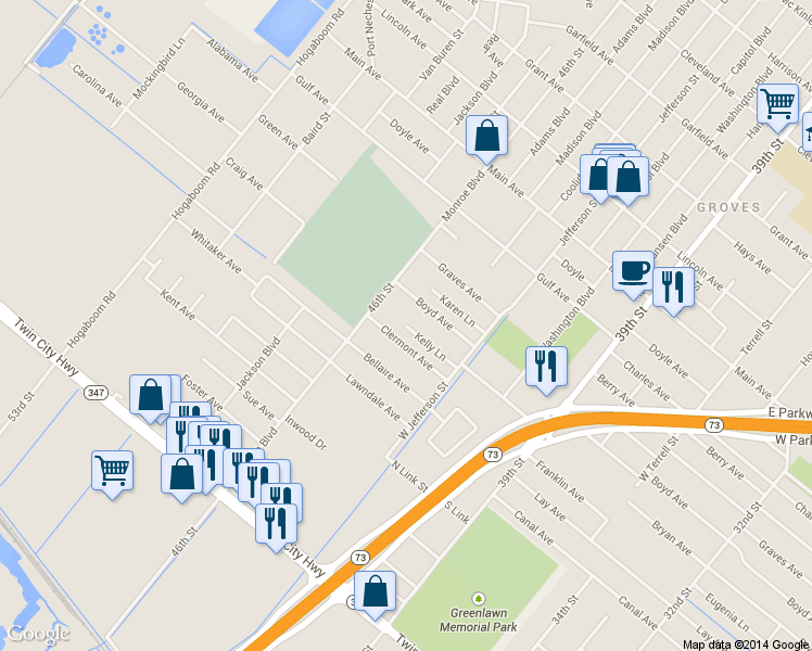 map of restaurants, bars, coffee shops, grocery stores, and more near 4648 Kelly Lane in Groves