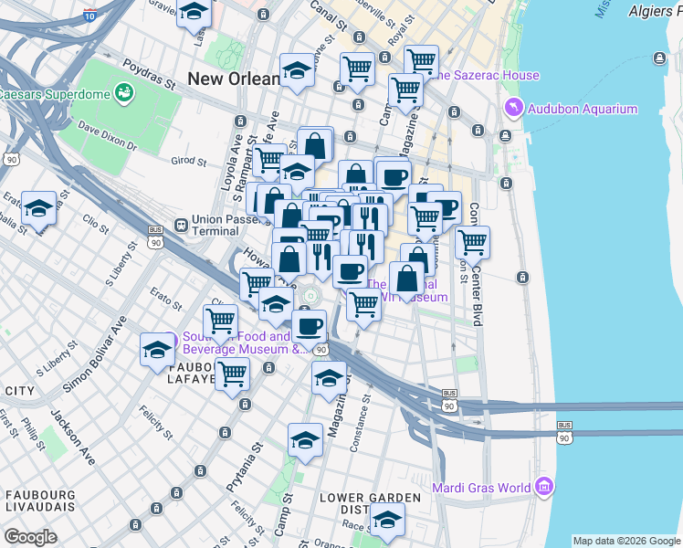 map of restaurants, bars, coffee shops, grocery stores, and more near 852 Camp Street in New Orleans