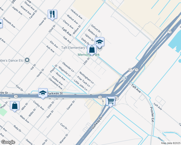 map of restaurants, bars, coffee shops, grocery stores, and more near 2410 Postoak Lane in Groves