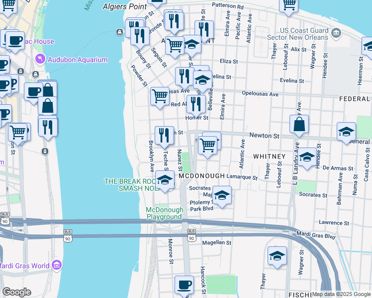 map of restaurants, bars, coffee shops, grocery stores, and more near 519 Diana Street in New Orleans