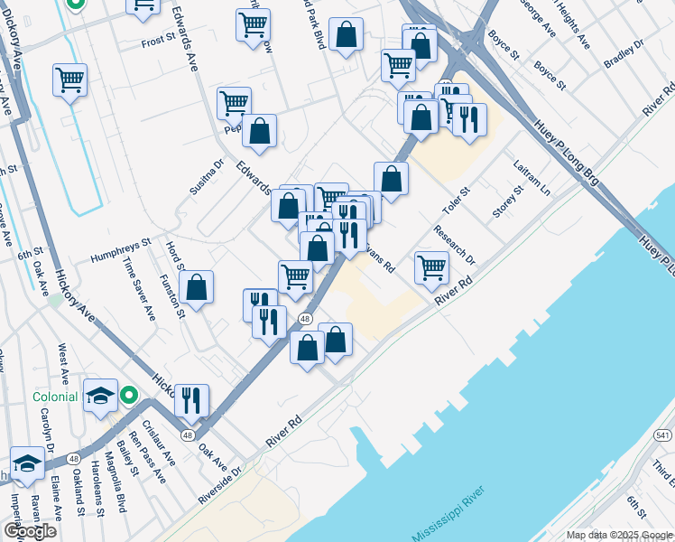 map of restaurants, bars, coffee shops, grocery stores, and more near 5640 Jefferson Highway in Harahan