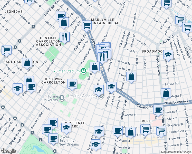 map of restaurants, bars, coffee shops, grocery stores, and more near 2926 Palmer Avenue in New Orleans