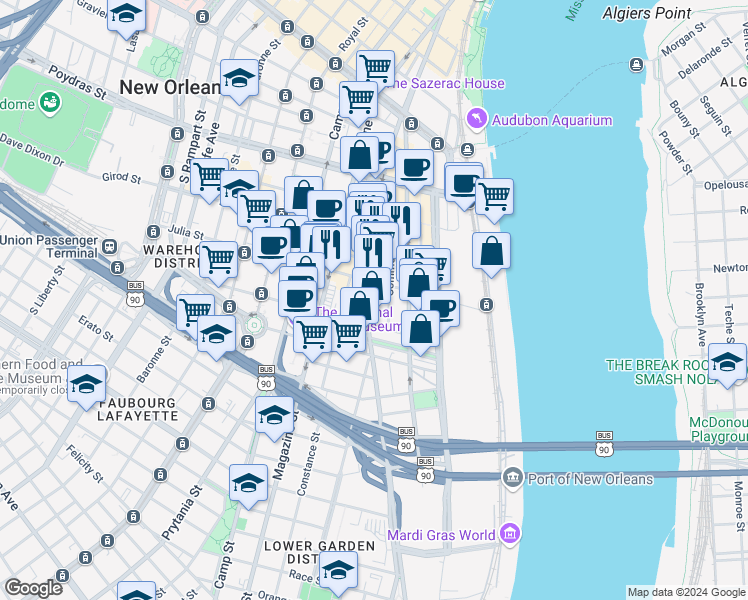 map of restaurants, bars, coffee shops, grocery stores, and more near 800 Tchoupitoulas Street in New Orleans