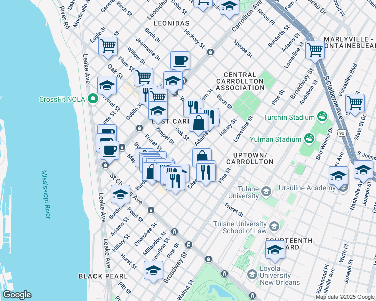 map of restaurants, bars, coffee shops, grocery stores, and more near 7719 Zimple Street in New Orleans
