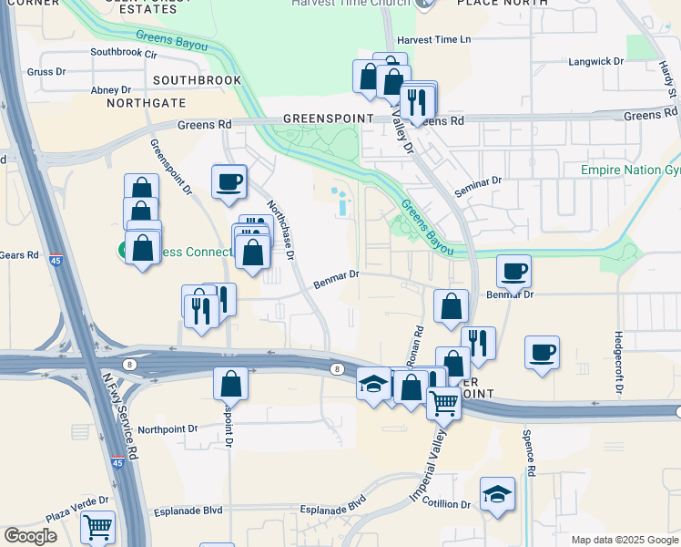 map of restaurants, bars, coffee shops, grocery stores, and more near 315 Benmar Drive in Houston