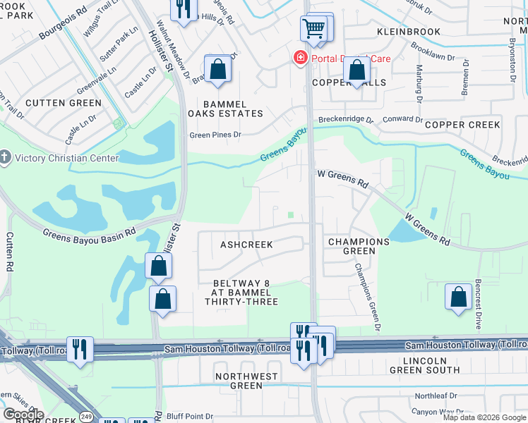 map of restaurants, bars, coffee shops, grocery stores, and more near 11527 Oak Falls Drive in Houston