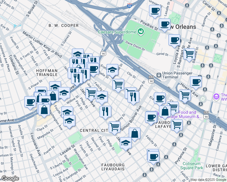 map of restaurants, bars, coffee shops, grocery stores, and more near 2604 Martin Luther King Junior Boulevard in New Orleans