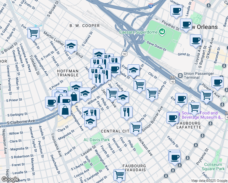 map of restaurants, bars, coffee shops, grocery stores, and more near 2114 Willow Street in New Orleans