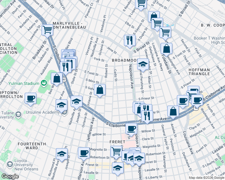 map of restaurants, bars, coffee shops, grocery stores, and more near 4600 South Galvez Street in New Orleans