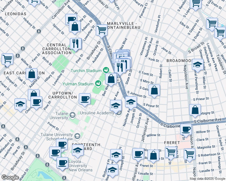 map of restaurants, bars, coffee shops, grocery stores, and more near 2926 Palmer Avenue in New Orleans