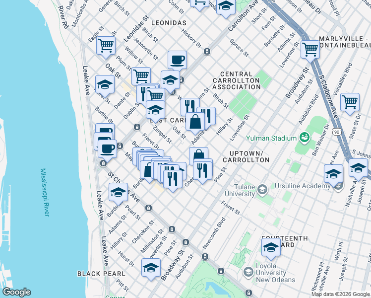 map of restaurants, bars, coffee shops, grocery stores, and more near 7719 Zimple Street in New Orleans
