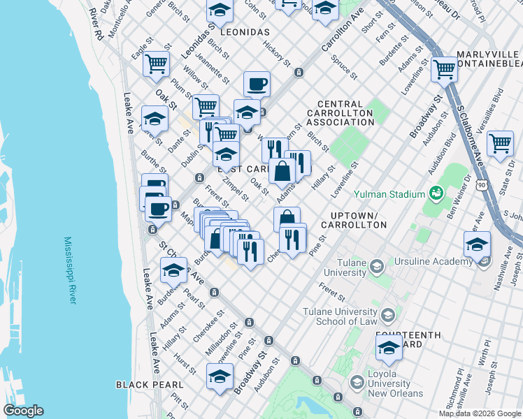 map of restaurants, bars, coffee shops, grocery stores, and more near 7719 Zimple Street in New Orleans