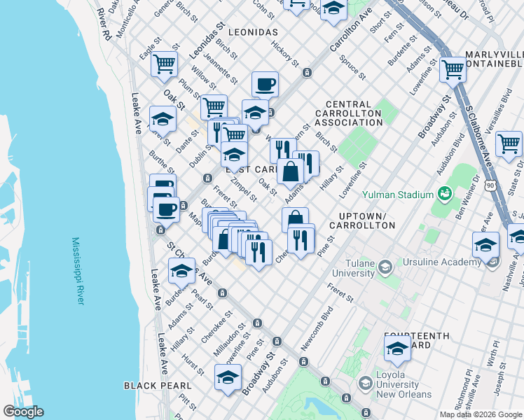 map of restaurants, bars, coffee shops, grocery stores, and more near 7719 Zimple Street in New Orleans