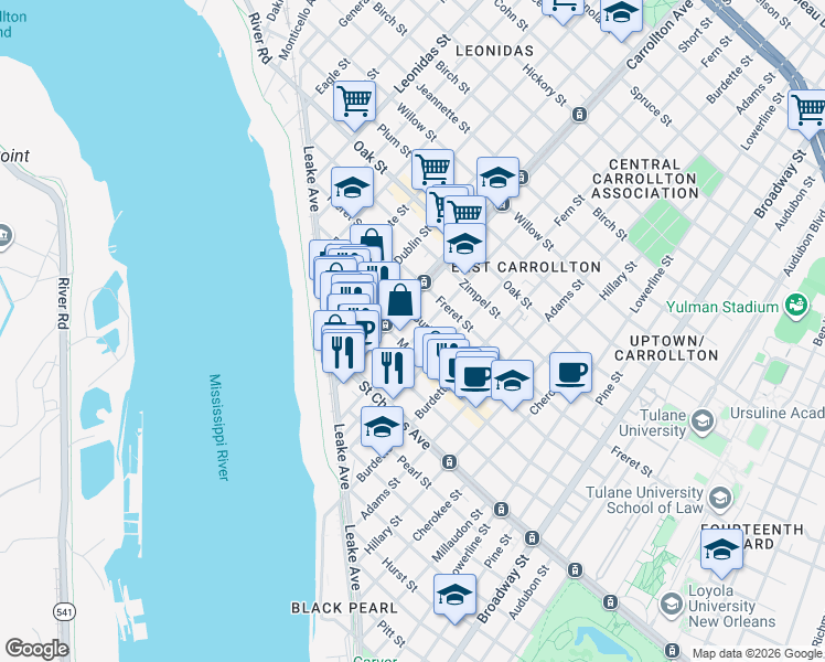 map of restaurants, bars, coffee shops, grocery stores, and more near 817 South Carrollton Avenue in New Orleans