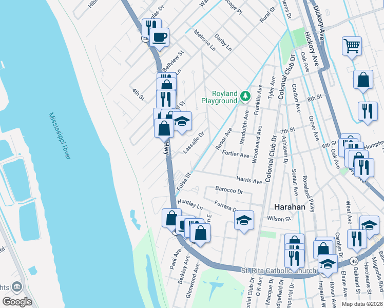 map of restaurants, bars, coffee shops, grocery stores, and more near 313 Lassalle Drive in River Ridge