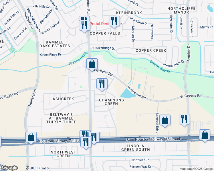 map of restaurants, bars, coffee shops, grocery stores, and more near 11615 Abloom Way in Houston