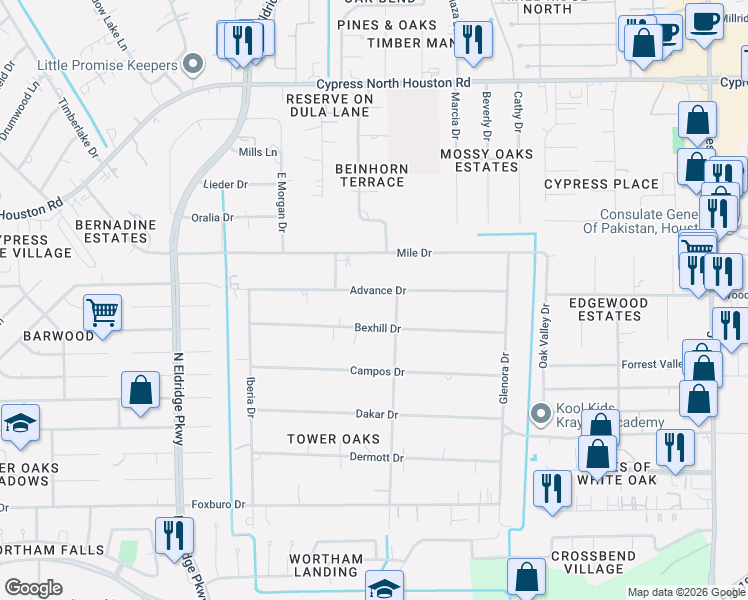 map of restaurants, bars, coffee shops, grocery stores, and more near 11815 Advance Drive in Houston