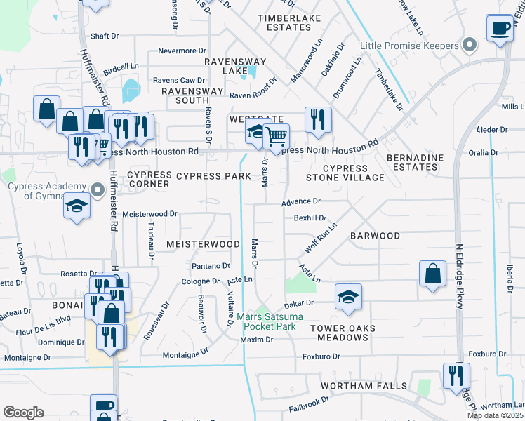 map of restaurants, bars, coffee shops, grocery stores, and more near 11715 Marrs Drive in Houston