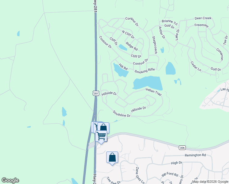 map of restaurants, bars, coffee shops, grocery stores, and more near 121 Hillside Drive in Spring Branch