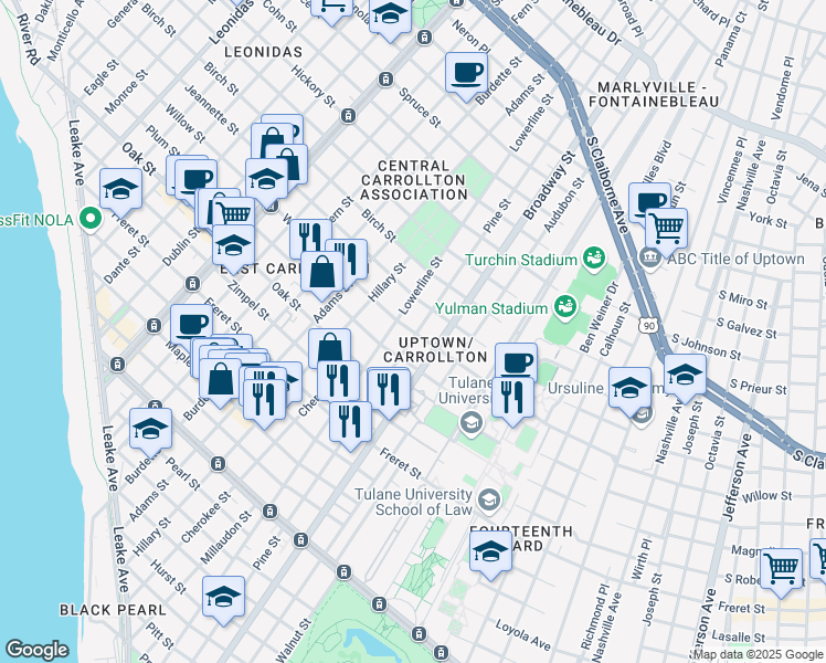 map of restaurants, bars, coffee shops, grocery stores, and more near 7315 Willow Street in New Orleans